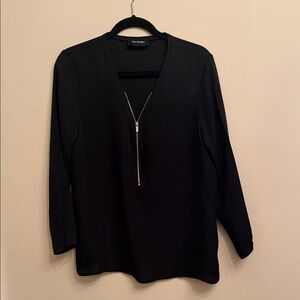 The Kooples Black V-Neck Zip-Front Blouse